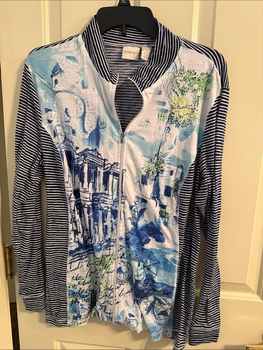 Chico's Blue, White & Green Zip-Front Long Sleeve Tee